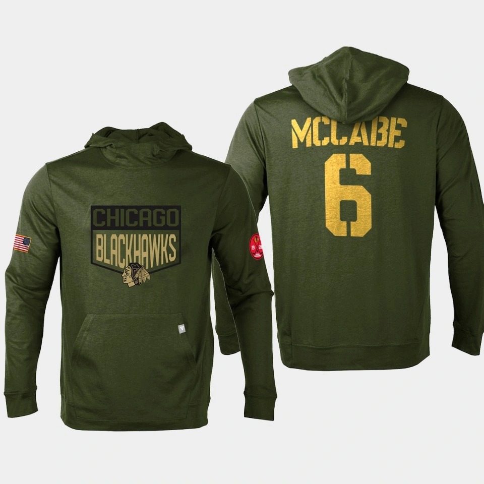 2022 Jake McCabe Chicago Blackhawks Salute to Service Levelwear #6 Men's Pullover Hoodie Olive 2022 Jake McCabe Chicago Blackhawks Salute to Service Levelwear #6 Men's Pullover Hoodie Olive
