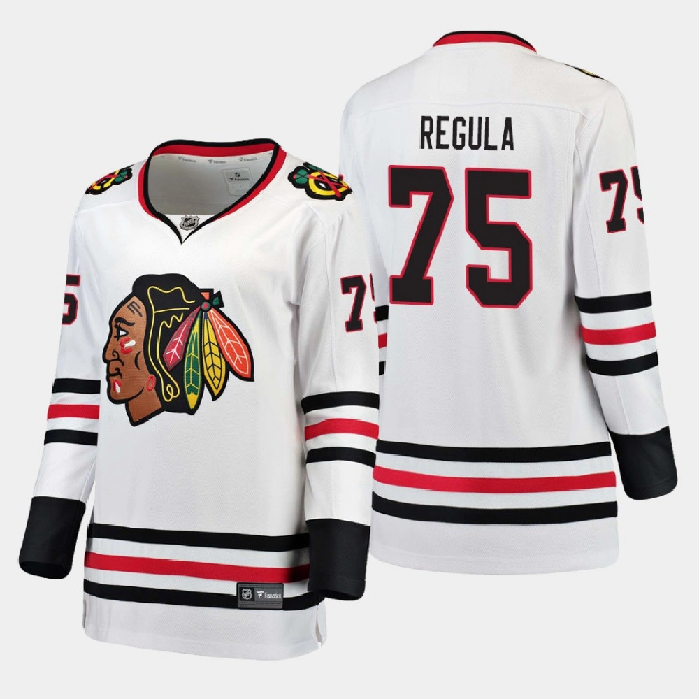 Women 2021 Chicago Blackhawks Alec Regula #75 Away White Jersey