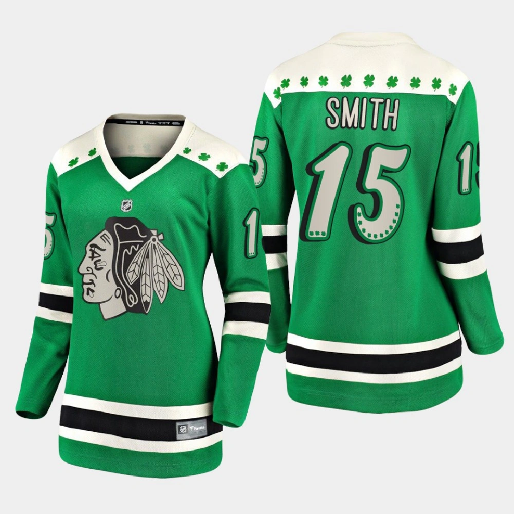Women 2021 Chicago Blackhawks Zack Smith St. Patrick's Day Jersey - Green Women 2021 Chicago Blackhawks Zack Smith St. Patrick's Day Jersey - Green