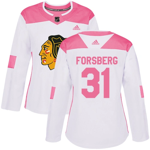 Women's Chicago Blackhawks #31 Anton Forsberg Pink-White Fashion Authentic Jersey Women's Chicago Blackhawks #31 Anton Forsberg Pink-White Fashion Authentic Jersey