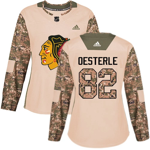 Women's Chicago Blackhawks #82 Jordan Oesterle Camo Veterans Day Practice Authentic Jersey