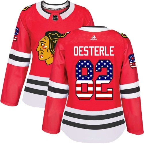 Women's Chicago Blackhawks #82 Jordan Oesterle USA Flag Fashion Red Authentic Jersey