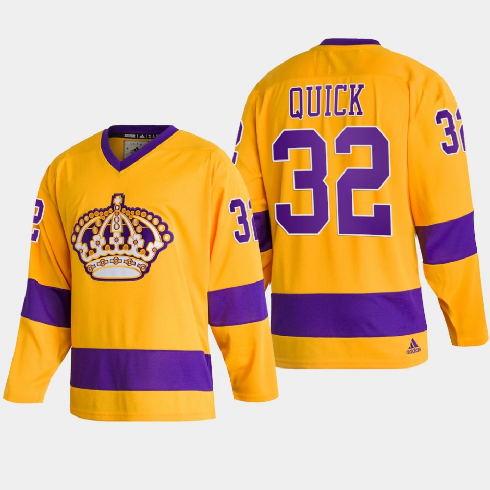 Women's Los Angeles Kings Jonathan Quick #32 Team Classics Gold 2022 Jersey Throwback Women's Los Angeles Kings Jonathan Quick #32 Team Classics Gold 2022 Jersey Throwback
