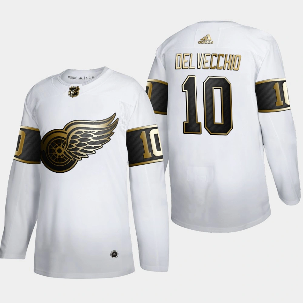 Women's Detroit Red Wings Alex Delvecchio #10 NHL Golden Edition White Retired Authentic Jersey