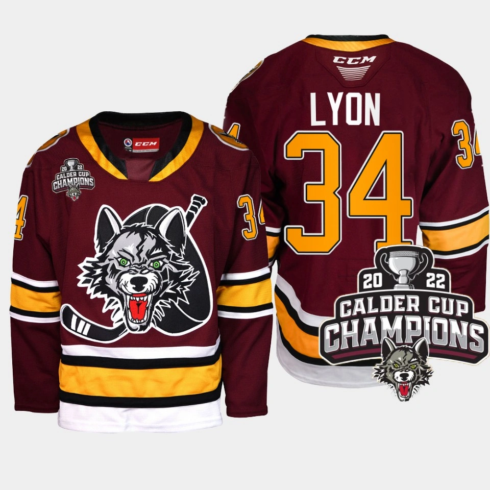 Men Chicago Wolves Alex Lyon #34 2022 Calder Cup Champs AHL Burgundy Jersey Men Chicago Wolves Alex Lyon #34 2022 Calder Cup Champs AHL Burgundy Jersey