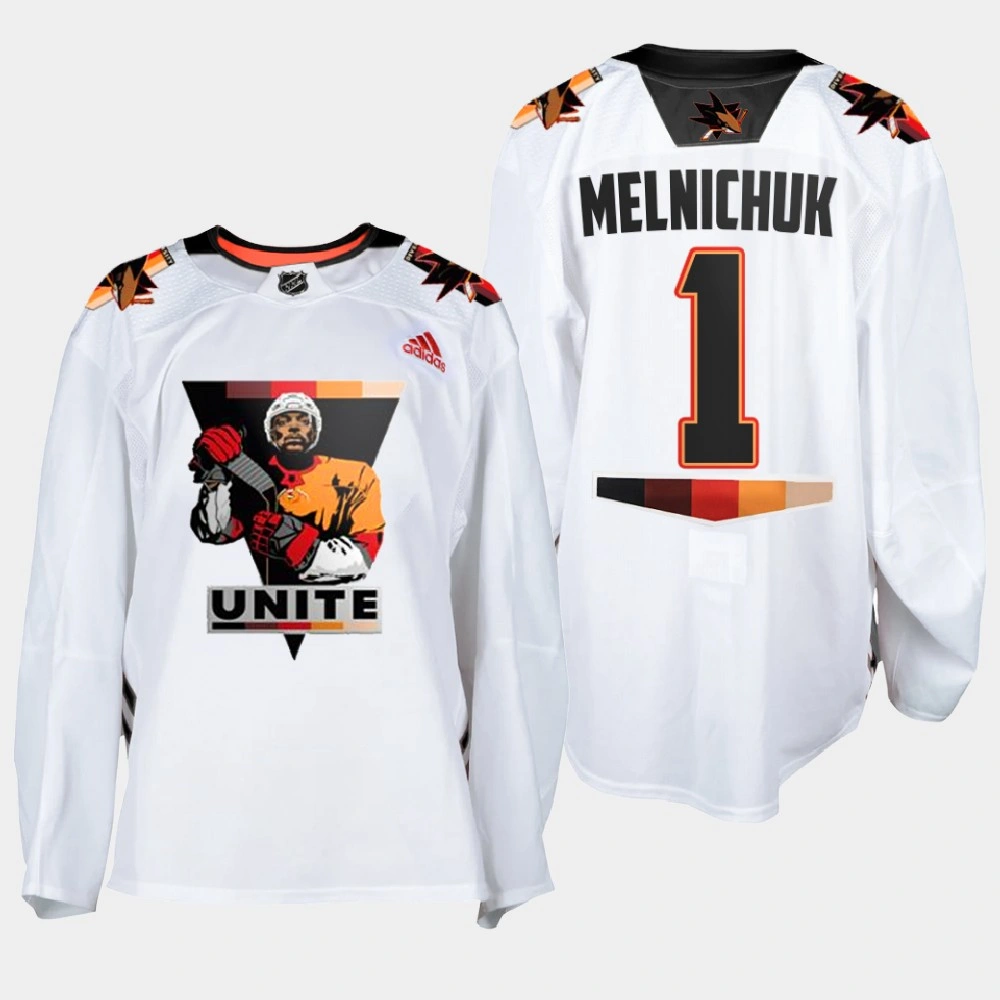 Men San Jose Sharks Alexei Melnichuk #1 Terry Smith Unite special warmup White Jersey
