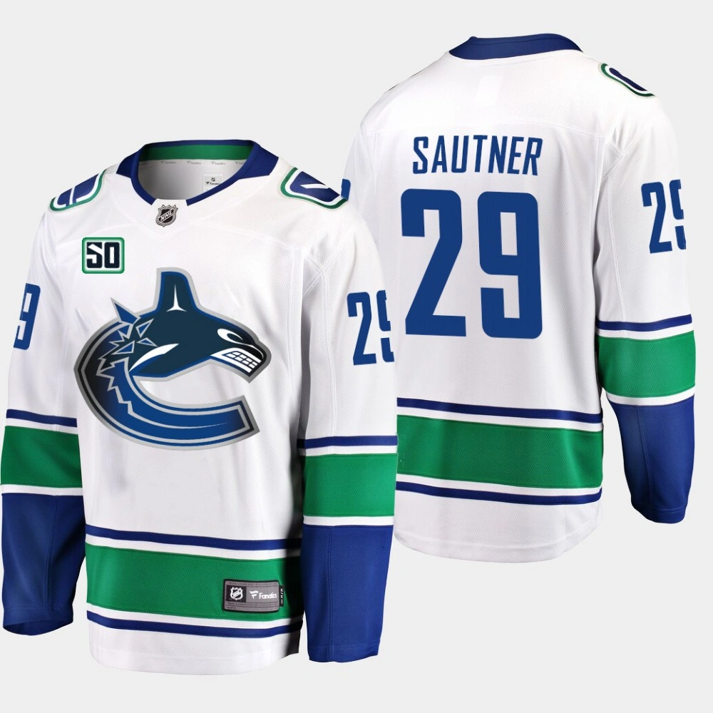 Men's Vancouver Canucks Ashton Sautner #29 50th Anniversary White Away Jersey Men's Vancouver Canucks Ashton Sautner #29 50th Anniversary White Away Jersey