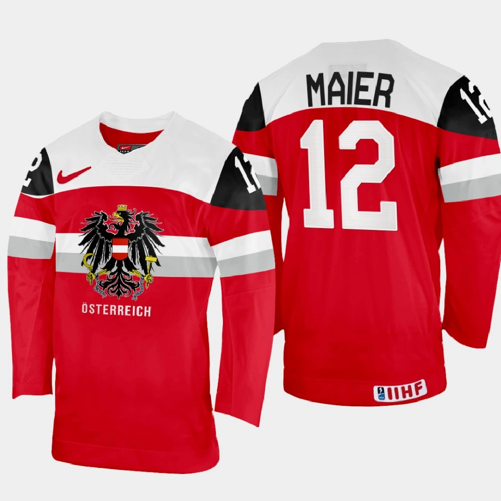 Youth David Maier 2022 IIHF World Championship Austria Hockey Jersey Red #12 Uniform Youth David Maier 2022 IIHF World Championship Austria Hockey Jersey Red #12 Uniform