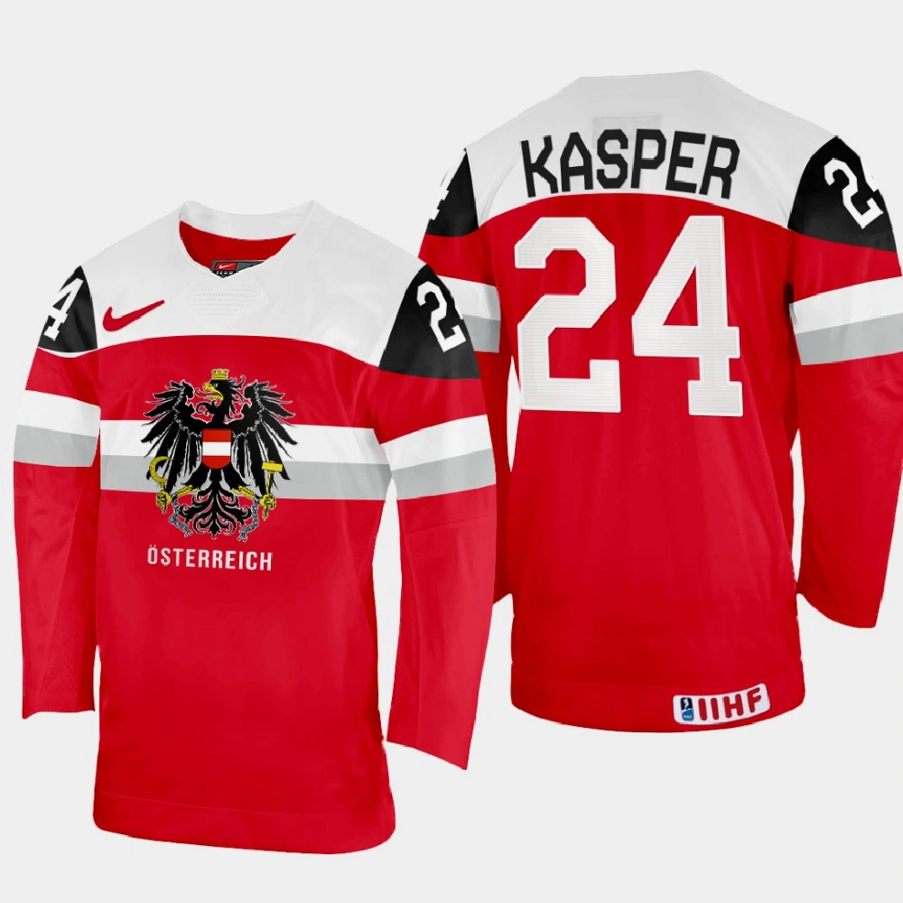 Women's Marco Kasper 2022 IIHF World Championship Austria Hockey Jersey Red #24 Uniform