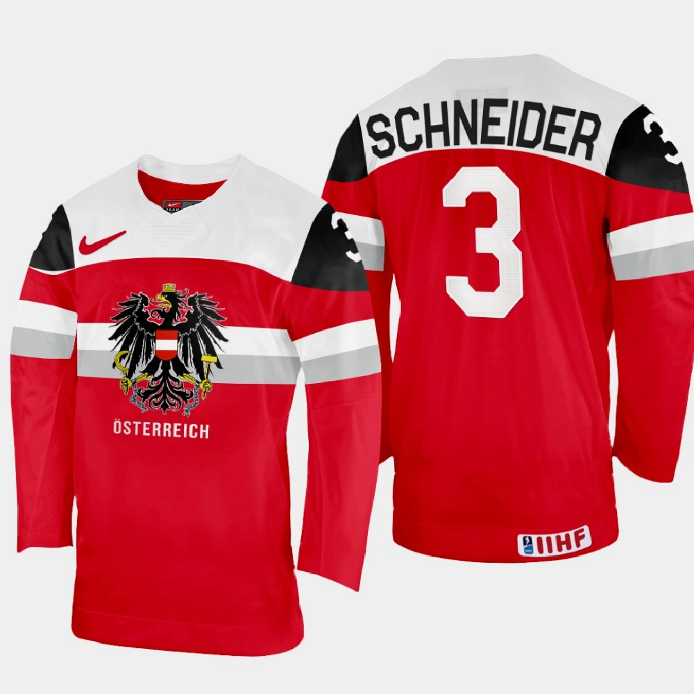 Youth Peter Schneider 2022 IIHF World Championship Austria Hockey Jersey Red #3 Uniform Youth Peter Schneider 2022 IIHF World Championship Austria Hockey Jersey Red #3 Uniform