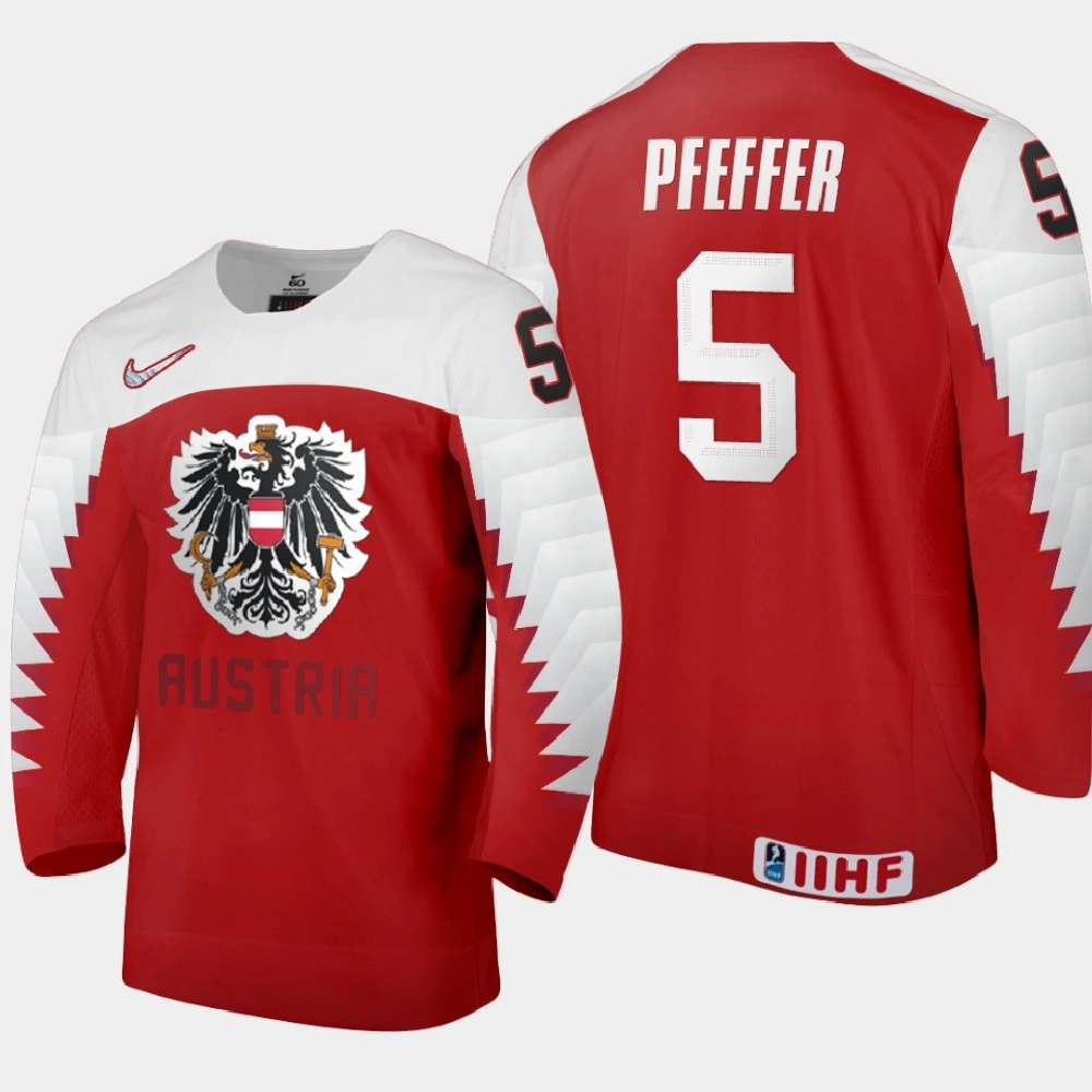 Women's Austria Team Jacob Pfeffer #5 2021 IIHF World Junior Championship Away Red Jersey Women's Austria Team Jacob Pfeffer #5 2021 IIHF World Junior Championship Away Red Jersey
