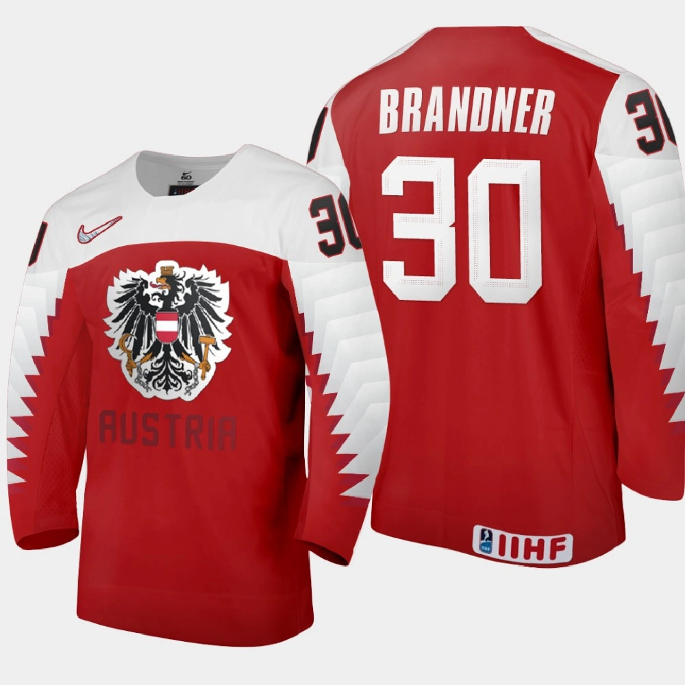 Women's Austria Team Jakob Brandner #30 2021 IIHF World Junior Championship Away Red Jersey Women's Austria Team Jakob Brandner #30 2021 IIHF World Junior Championship Away Red Jersey