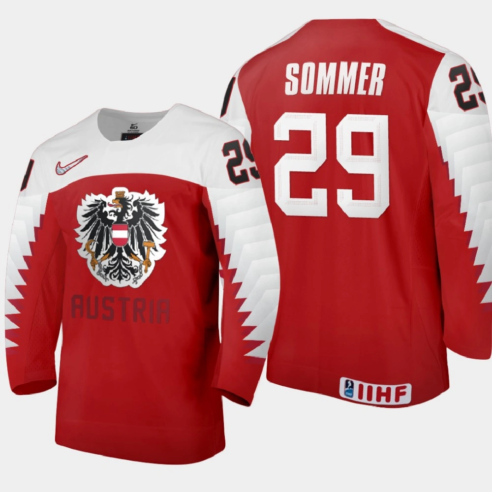 Youth Austria Team Leon Sommer #29 2021 IIHF World Junior Championship Away Red Jersey Youth Austria Team Leon Sommer #29 2021 IIHF World Junior Championship Away Red Jersey