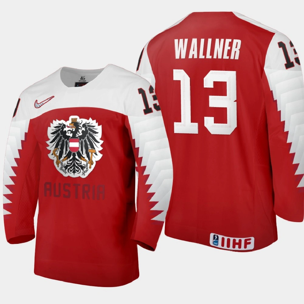 Men Austria Team Leon Wallner #13 2021 IIHF World Junior Championship Away Red Jersey Men Austria Team Leon Wallner #13 2021 IIHF World Junior Championship Away Red Jersey