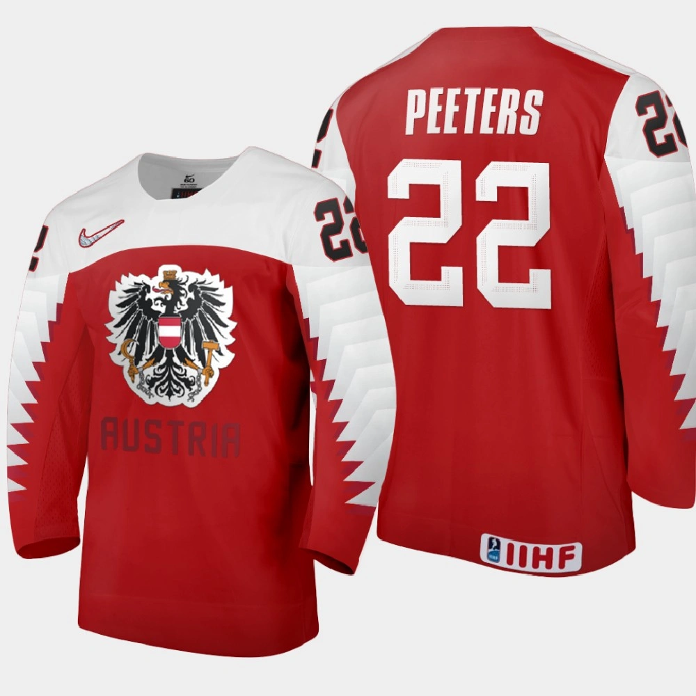Men Austria Team Senna Peeters #22 2021 IIHF World Junior Championship Away Red Jersey Men Austria Team Senna Peeters #22 2021 IIHF World Junior Championship Away Red Jersey