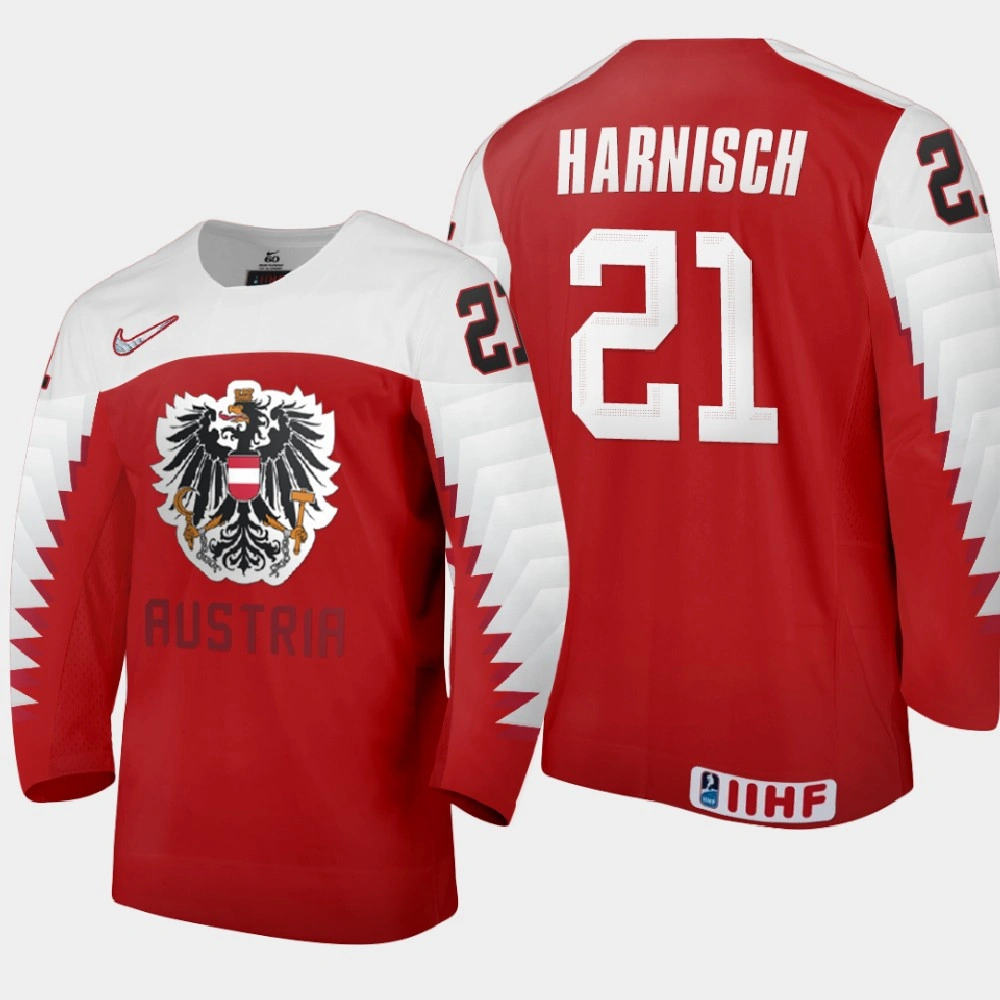 Women's Austria Team Tim Harnisch #21 2021 IIHF World Junior Championship Away Red Jersey Women's Austria Team Tim Harnisch #21 2021 IIHF World Junior Championship Away Red Jersey