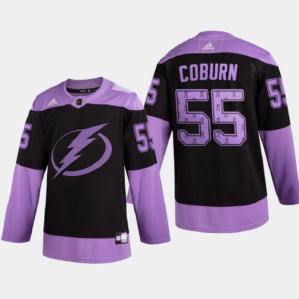 Men Tampa Bay Lightning Braydon Coburn #55 2020 Hockey Fights Cancer Ribbons Black Purple Jersey