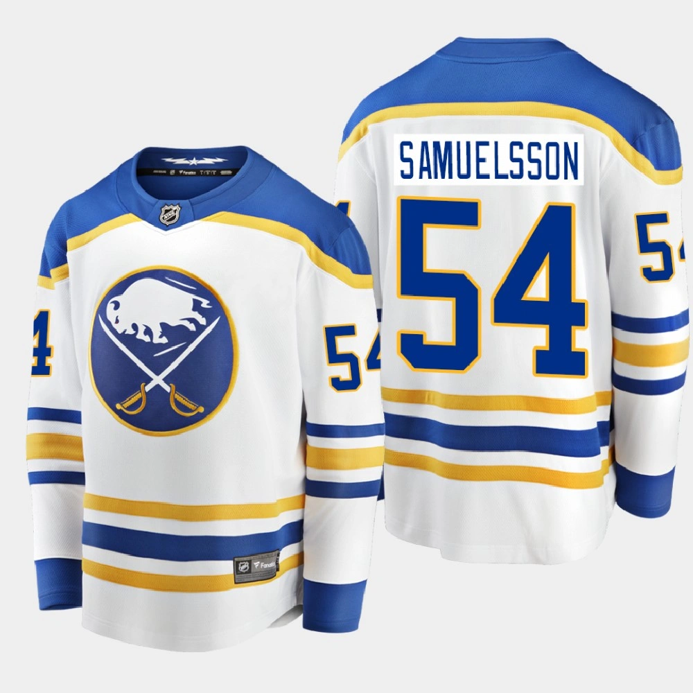 Men's Buffalo Sabres Mattias Samuelsson #54 Away 2021 White Jersey Men's Buffalo Sabres Mattias Samuelsson #54 Away 2021 White Jersey