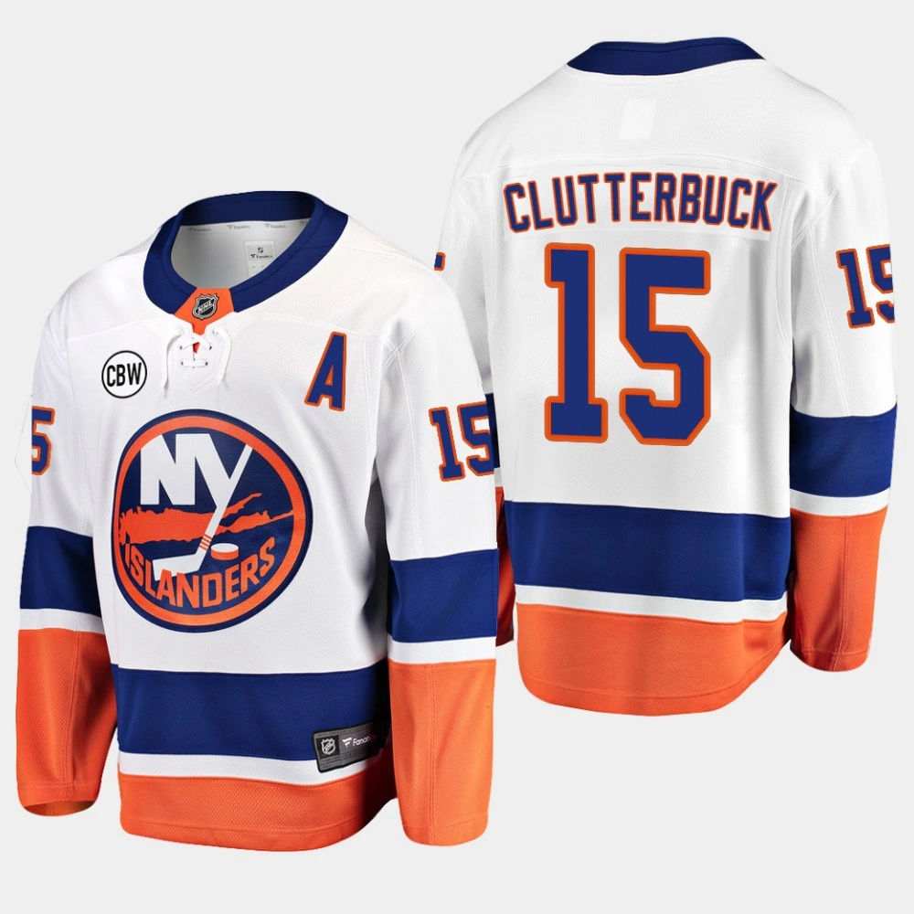 Men's New York Islanders Cal Clutterbuck #15 2018-19 Away White Breakaway CBW Jersey Men's New York Islanders Cal Clutterbuck #15 2018-19 Away White Breakaway CBW Jersey