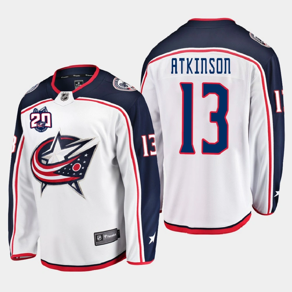 Men's Columbus Blue Jackets Cam Atkinson #13 20th Anniversary Away White Jersey