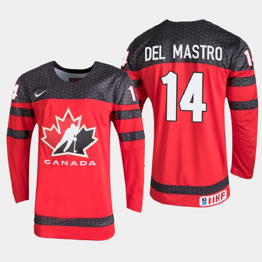 Men's Canada Ethan del Mastro #14 2021 IIHF U18 World Championship Red Jersey Men's Canada Ethan del Mastro #14 2021 IIHF U18 World Championship Red Jersey
