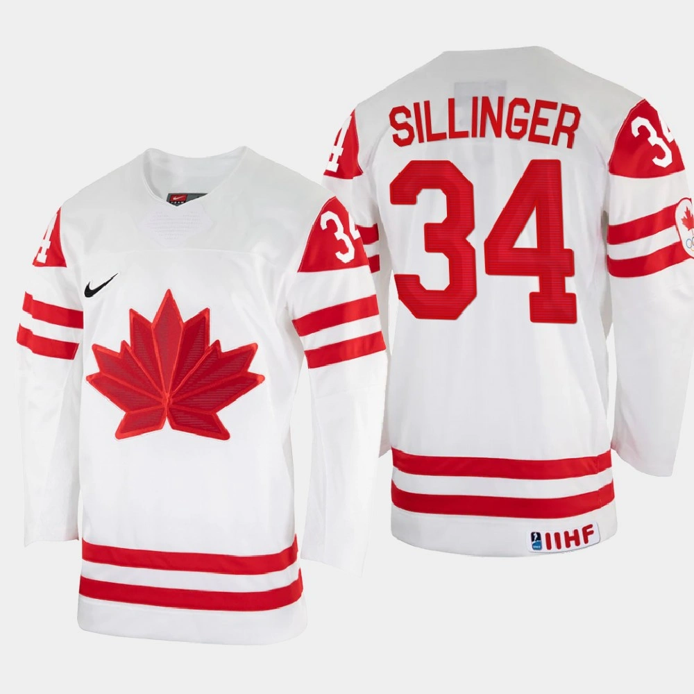 Youth Cole Sillinger 2022 IIHF World Championship Canada Hockey Jersey White #34 Uniform Youth Cole Sillinger 2022 IIHF World Championship Canada Hockey Jersey White #34 Uniform