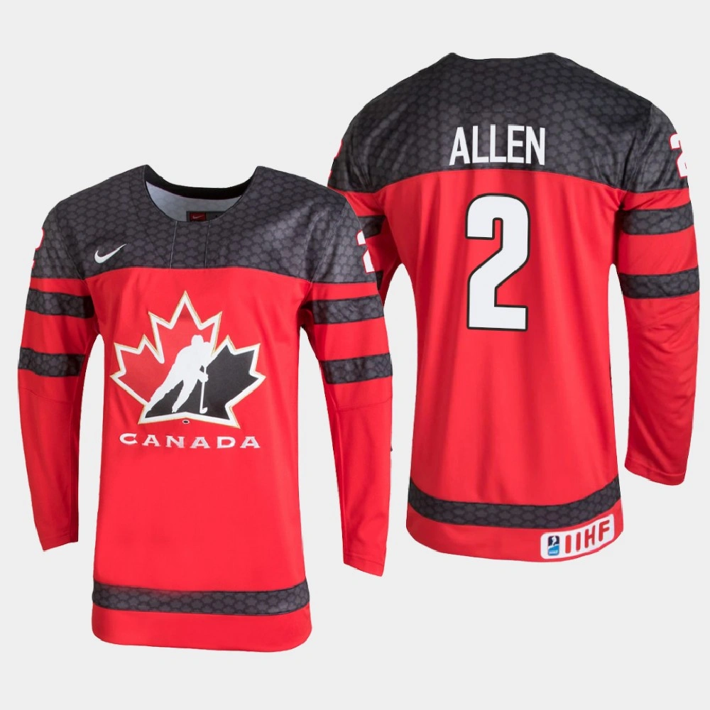 Men's Canada Nolan Allen #2 2021 IIHF U18 World Championship Red Jersey Men's Canada Nolan Allen #2 2021 IIHF U18 World Championship Red Jersey