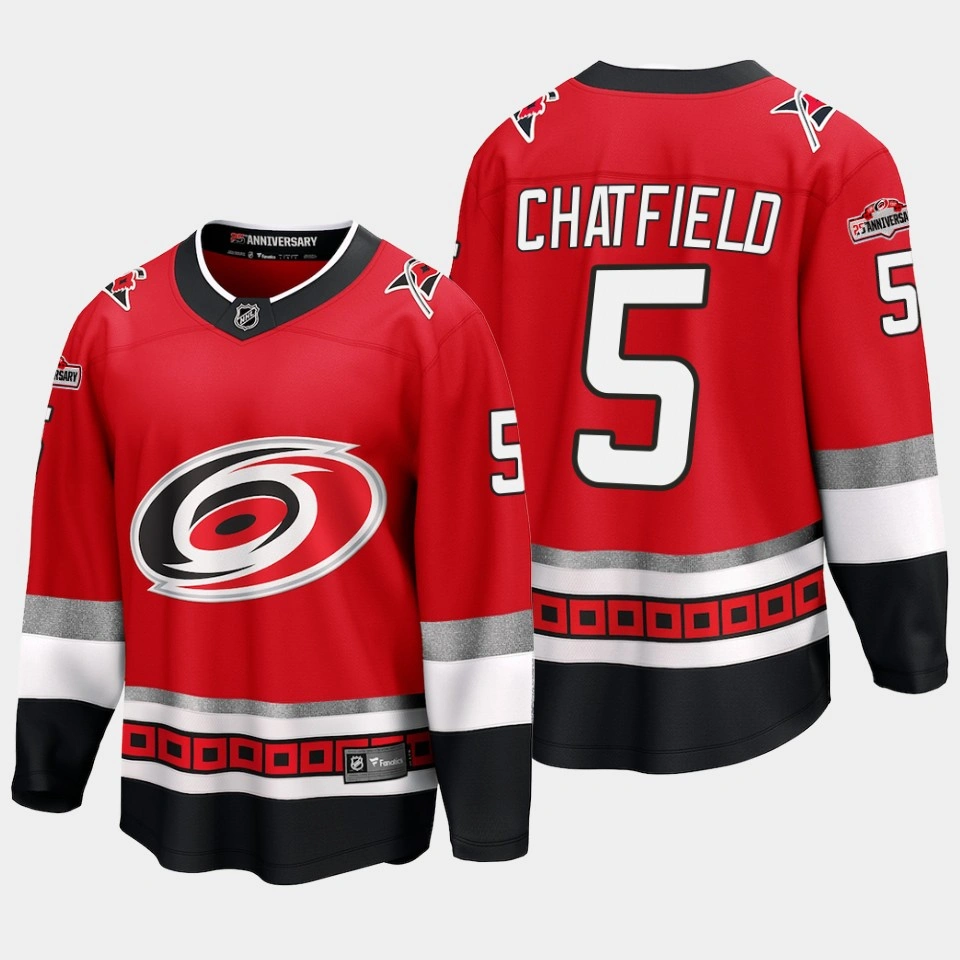 Women's Carolina Hurricanes Jalen Chatfield 25th Anniversary Red #5 Jersey Premier