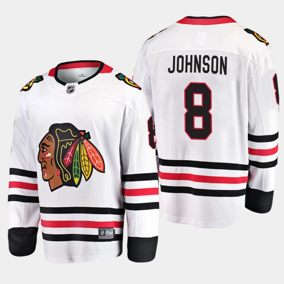 Women's Chicago Blackhawks Jack Johnson Away White #8 Jersey Breakaway Player