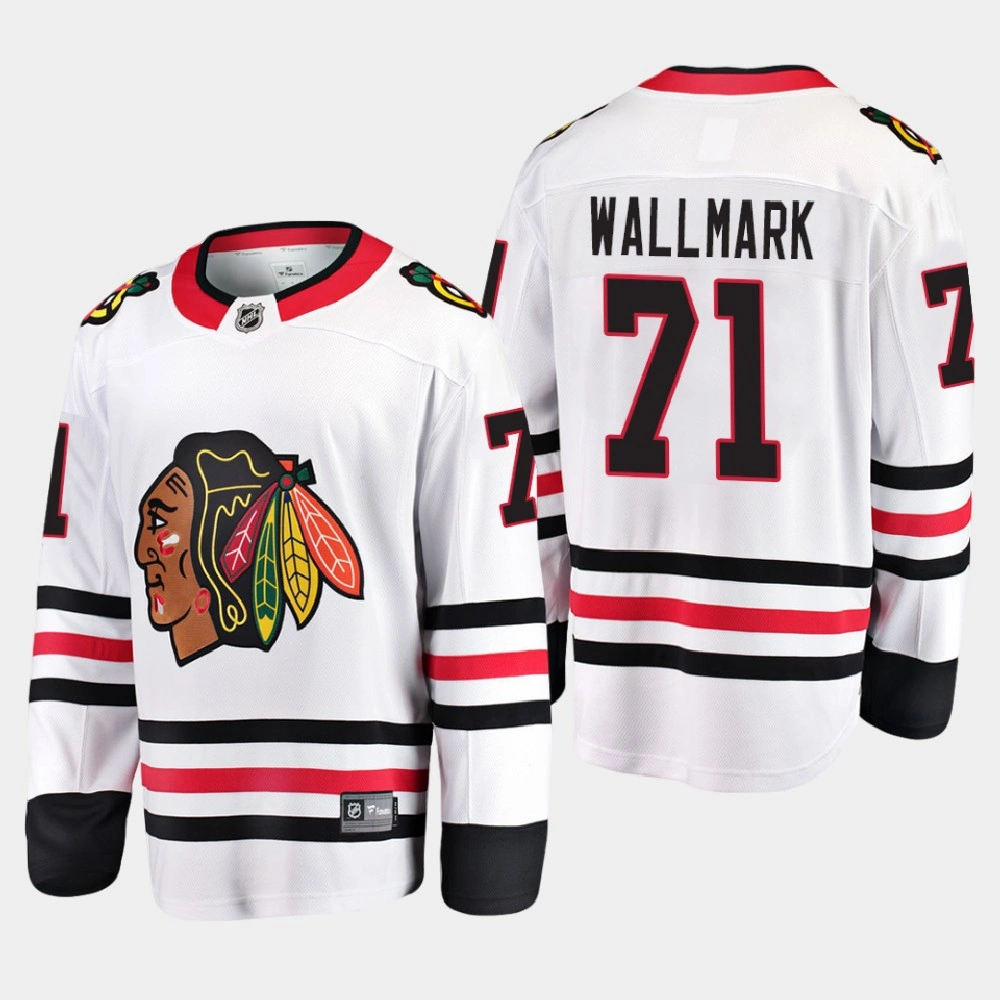 Men's Chicago Blackhawks Lucas Wallmark #71 Away 2020-21 Breakaway Player White Jersey Men's Chicago Blackhawks Lucas Wallmark #71 Away 2020-21 Breakaway Player White Jersey