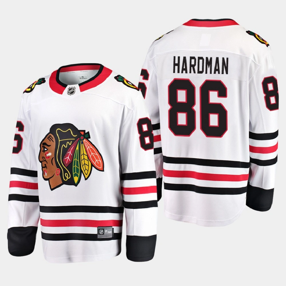 Youth Chicago Blackhawks Mike Hardman #86 Away 2021 White Jersey Youth Chicago Blackhawks Mike Hardman #86 Away 2021 White Jersey