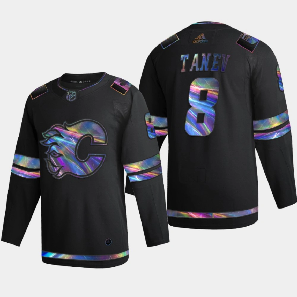 Men Calgary Flames Christopher tanev #8 Iridescent Holographic Collection Authentic Black Jersey