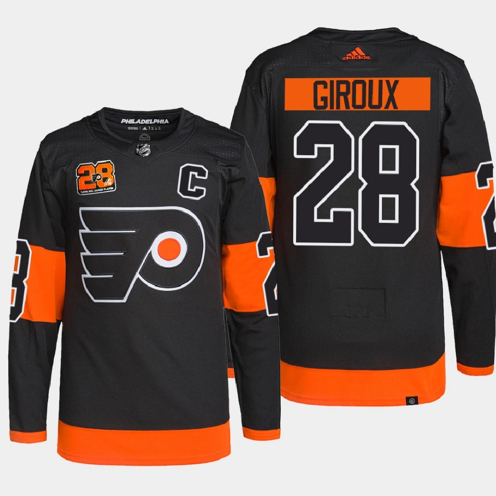 Men Philadelphia Flyers Claude Giroux #28 1000th Game Patch Commemorative Edition Black Jersey