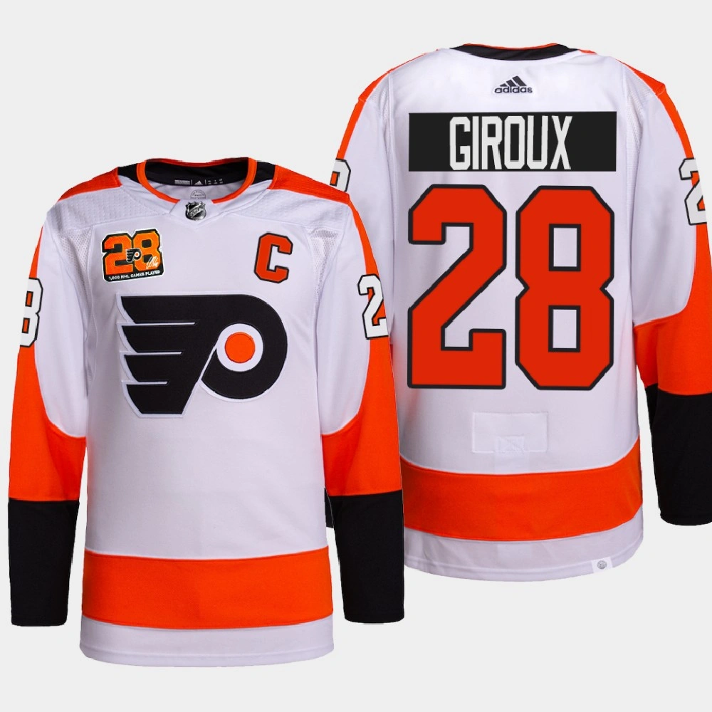 Men Philadelphia Flyers Claude Giroux #28 1000 Games Patch Commemorative Edition White Jersey