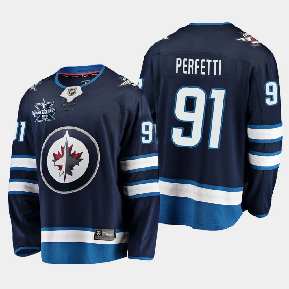 Winnipeg Jets Cole Perfetti #91 2020 NHL Draft Replica 10th Anniversary logo Navy Jersey - Men