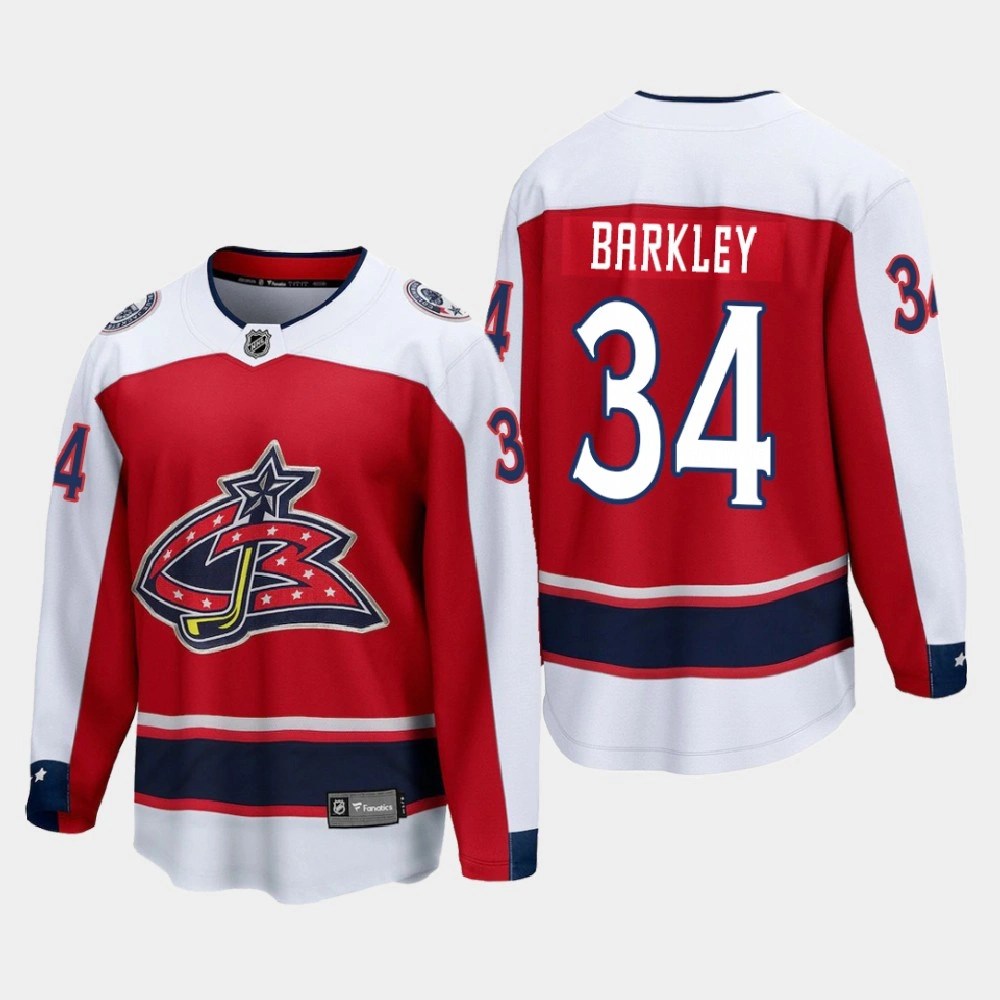 Men's Columbus Blue Jackets Charles Barkley #34 Reverse Retro 2021 Red Jersey Men's Columbus Blue Jackets Charles Barkley #34 Reverse Retro 2021 Red Jersey