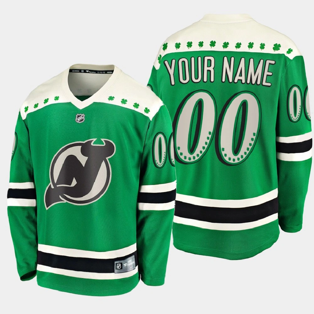 Men's New Jersey Devils Custom #00 2021 St. Patrick's Day Green Jersey Men's New Jersey Devils Custom #00 2021 St. Patrick's Day Green Jersey