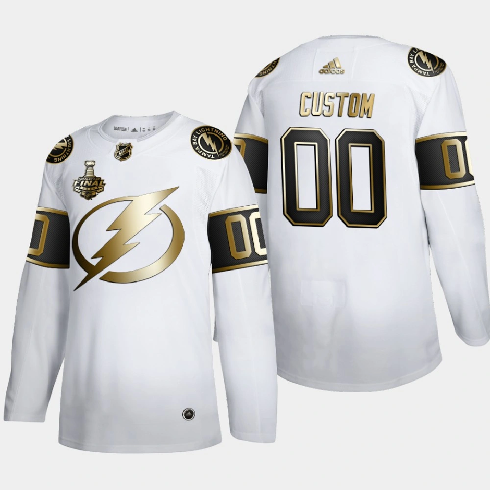 Men's Tampa Bay Lightning Custom #00 2020 Stanley Cup Final Gold Limited White Jersey Men's Tampa Bay Lightning Custom #00 2020 Stanley Cup Final Gold Limited White Jersey