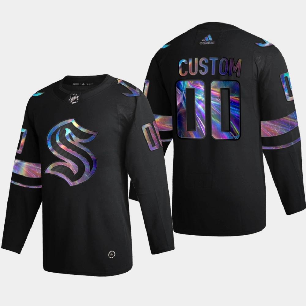 Men's Seattle Kraken Custom #00 Throwback Iridescent Logo Holographic Black Jersey Men's Seattle Kraken Custom #00 Throwback Iridescent Logo Holographic Black Jersey