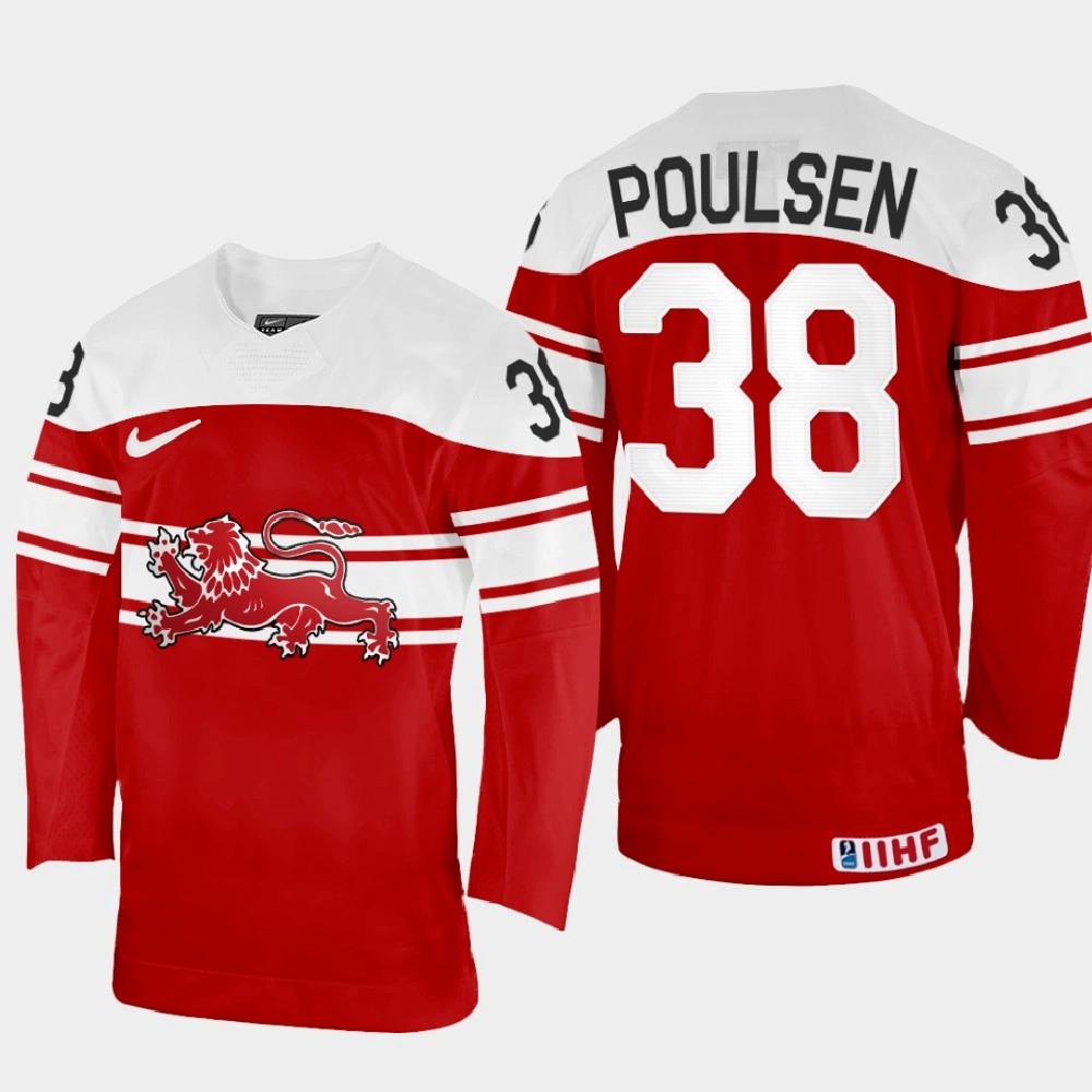 Women's Morten Poulsen 2022 IIHF World Championship Denmark Hockey Jersey Red #38 Uniform