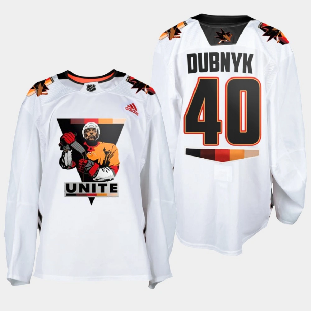 Women's San Jose Sharks Devan Dubnyk #40 Terry Smith Unite special warmup White Jersey