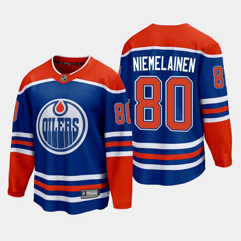 Edmonton Oilers Markus Niemelainen 2022-23 Home Royal #80 Jersey Premier Edmonton Oilers Markus Niemelainen 2022-23 Home Royal #80 Jersey Premier