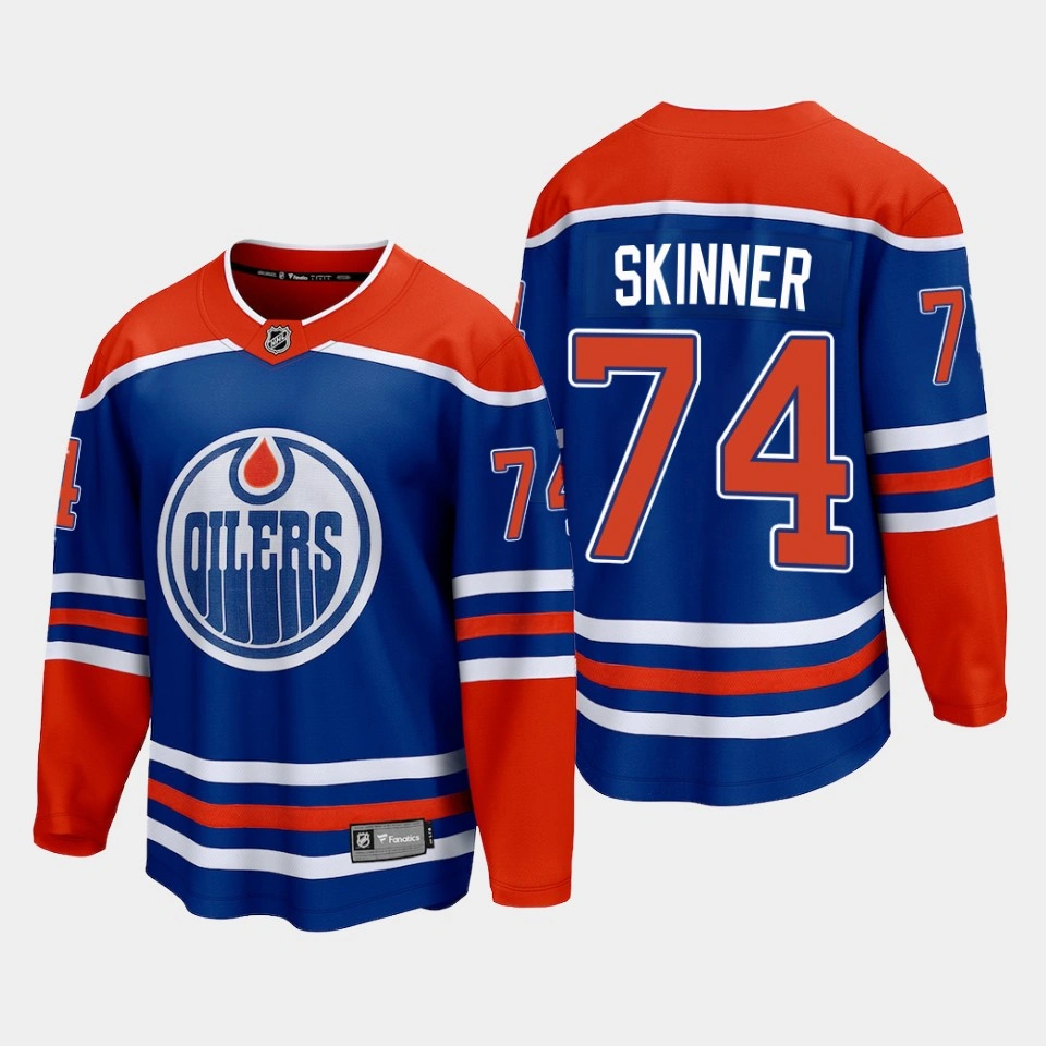 Edmonton Oilers Stuart Skinner 2022-23 Home Royal #74 Jersey Premier