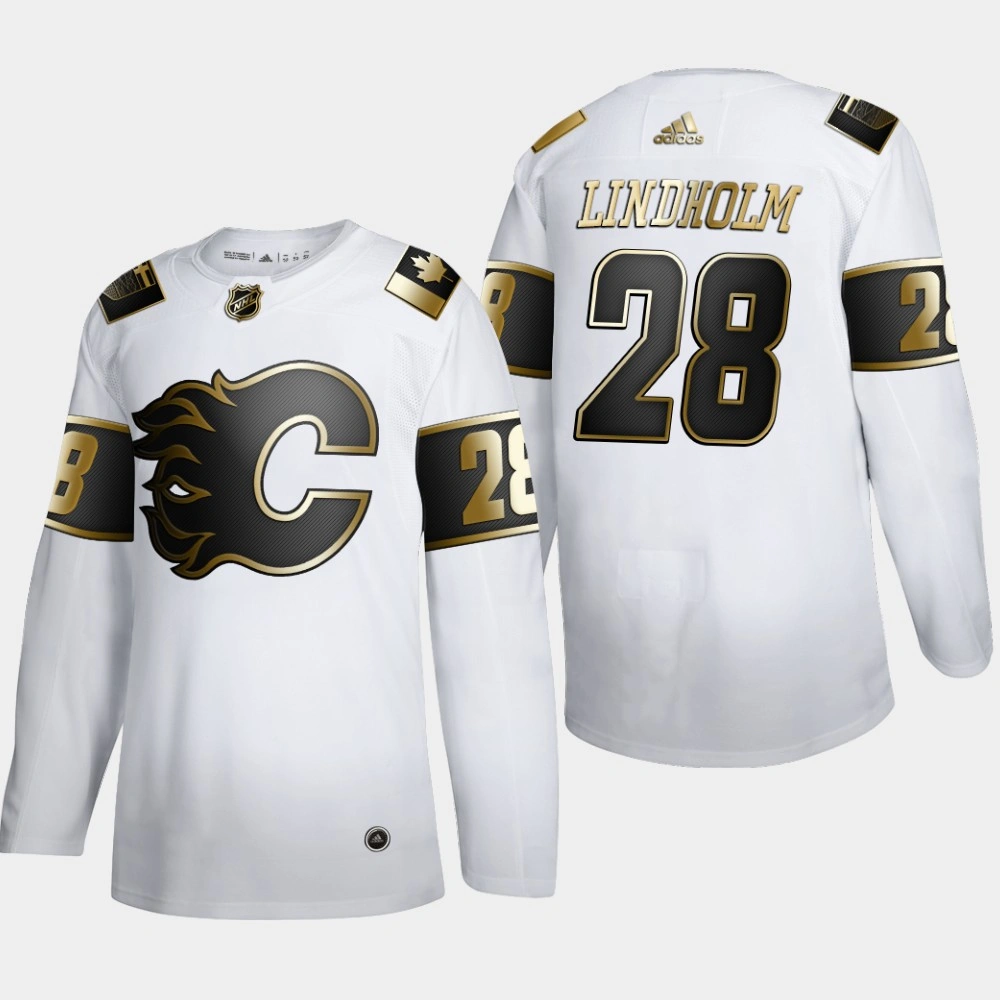 Women's Calgary Flames Elias Lindholm #28 NHL Golden Edition White Authentic Jersey