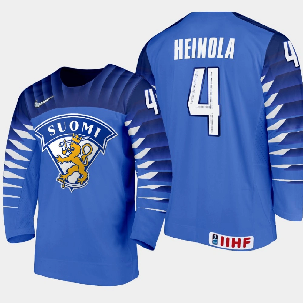 Men Finland Team Ville Heinola #4 2021 IIHF World Junior Championship Away Blue Jersey Men Finland Team Ville Heinola #4 2021 IIHF World Junior Championship Away Blue Jersey