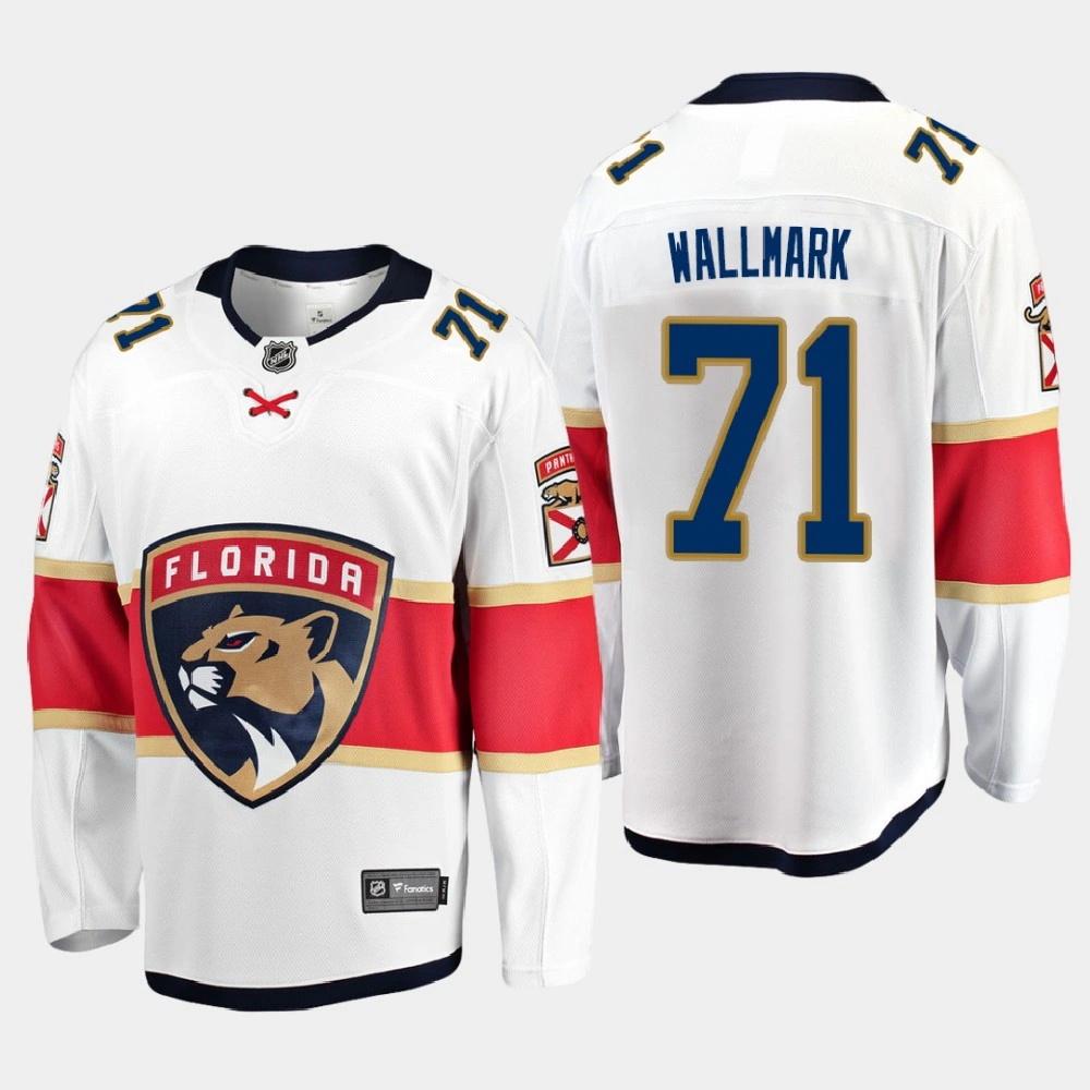 Men's Florida Panthers Lucas Wallmark #71 Away 2021 White Jersey Men's Florida Panthers Lucas Wallmark #71 Away 2021 White Jersey