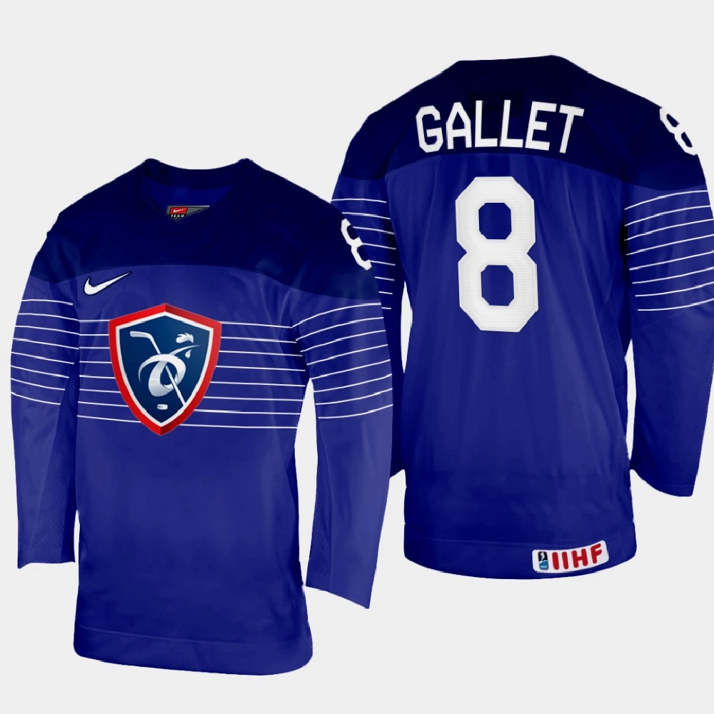 Women's France #8 Hugo Gallet 2022 IIHF World Championship Navy Away Jersey Women's France #8 Hugo Gallet 2022 IIHF World Championship Navy Away Jersey