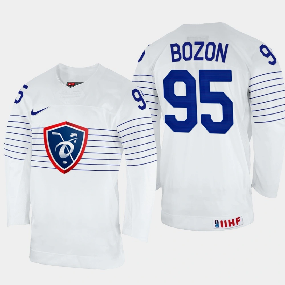 Youth Kevin Bozon 2022 IIHF World Championship France Hockey Jersey White #95 Uniform Youth Kevin Bozon 2022 IIHF World Championship France Hockey Jersey White #95 Uniform