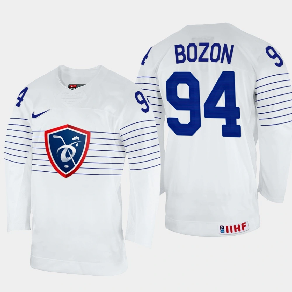 Women's Tim Bozon 2022 IIHF World Championship France Hockey Jersey White #94 Uniform Women's Tim Bozon 2022 IIHF World Championship France Hockey Jersey White #94 Uniform
