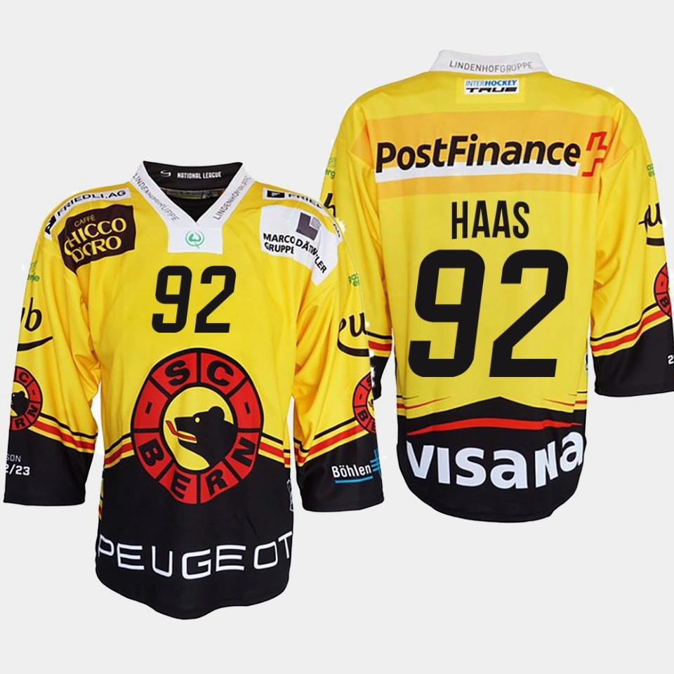 Youth Gaetan Haas #92 SC Bern Ice Hockey Shirt Yellow Jersey Youth Gaetan Haas #92 SC Bern Ice Hockey Shirt Yellow Jersey